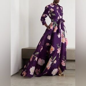 CAROLINA HERRERA Trench Gown in Fig Multi Purple Floral Belted Dress Size 8 NWT